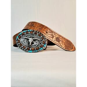 💎Tan Brown Embossed Leather  Medium Longhorn Bull Skull Beaded Buckle Western